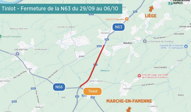 Route du Condroz (N63) totalement fermée entre Tinlot et Nandrin