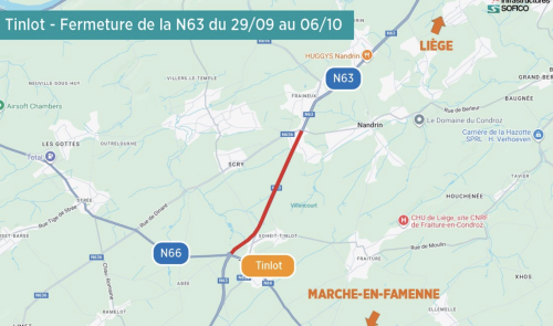 Route du Condroz (N63) totalement fermée entre Tinlot et Nandrin
